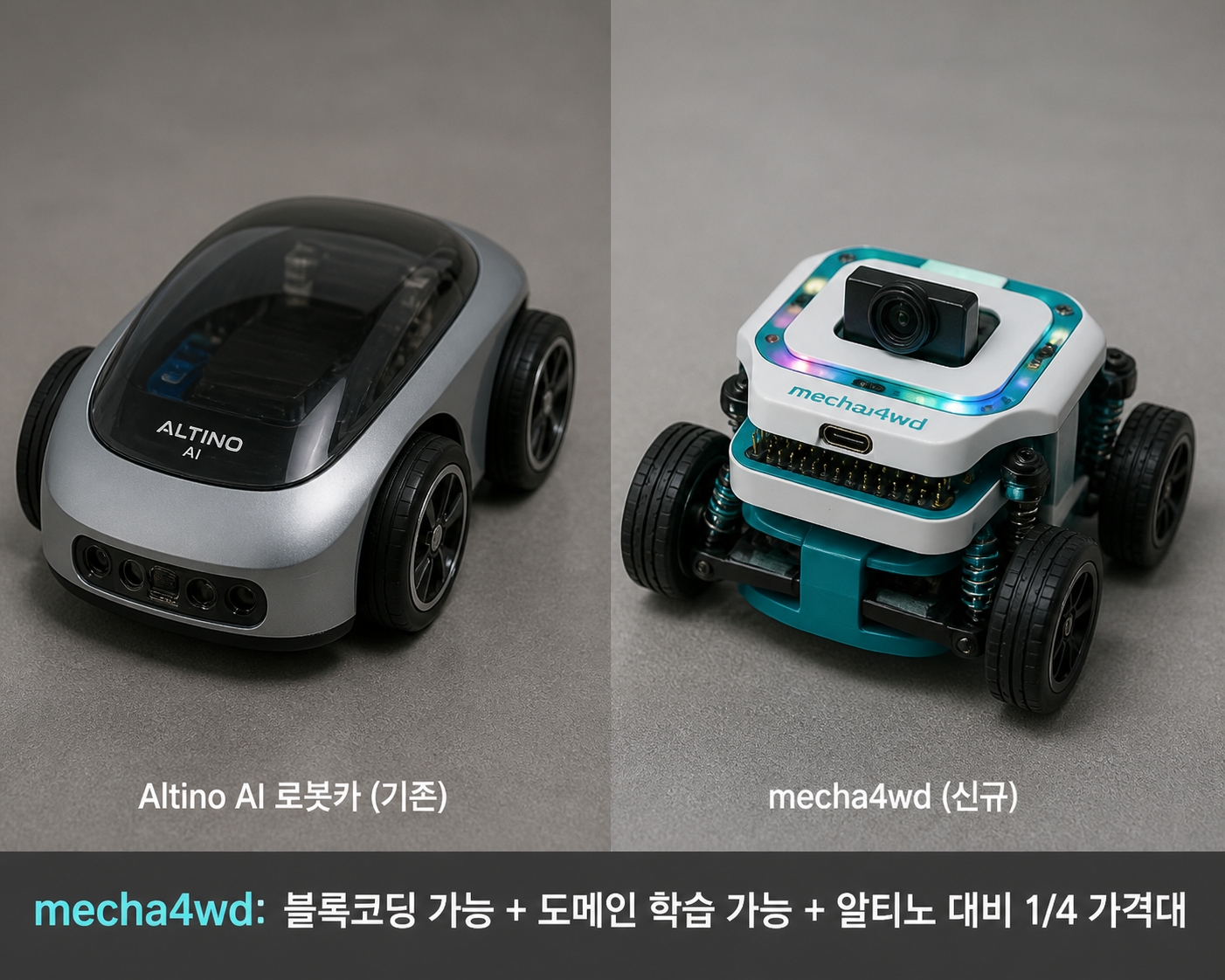[좌측 알티노 AI(은색 polycarbonate sleek 한국 디자인)와 우측 mecha4wd(흰색+teal PETG, Pi Camera 렌즈, RGB LED ring, USB-C)를 나란히 놓은 비교 렌더링]