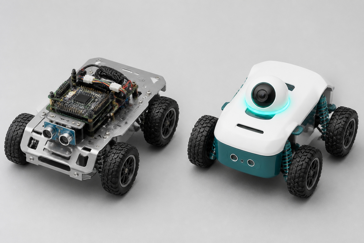 [좌측 A사 AI(은색 polycarbonate sleek 한국 디자인)와 우측 mecha4wd(흰색+teal PETG, Pi Camera 렌즈, RGB LED ring, USB-C)를 나란히 놓은 비교 렌더링]