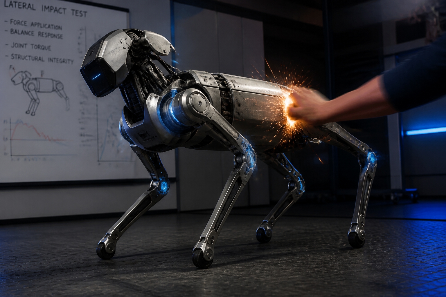 [사람이 mechadog 옆구리를 밀어 자세가 흔들려도 다리로 자세를 보정하는 모습]